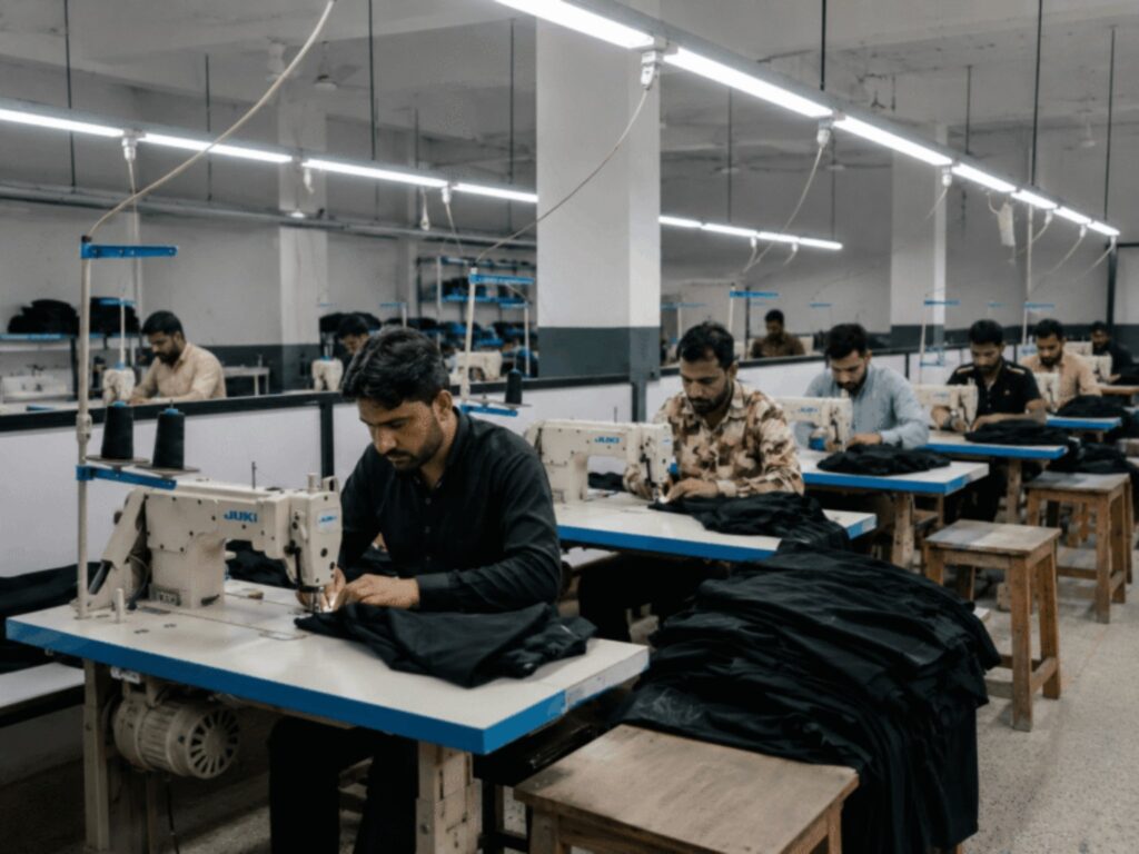 Greyfin Sports garment stitching production floor in Sialkot Pakistan