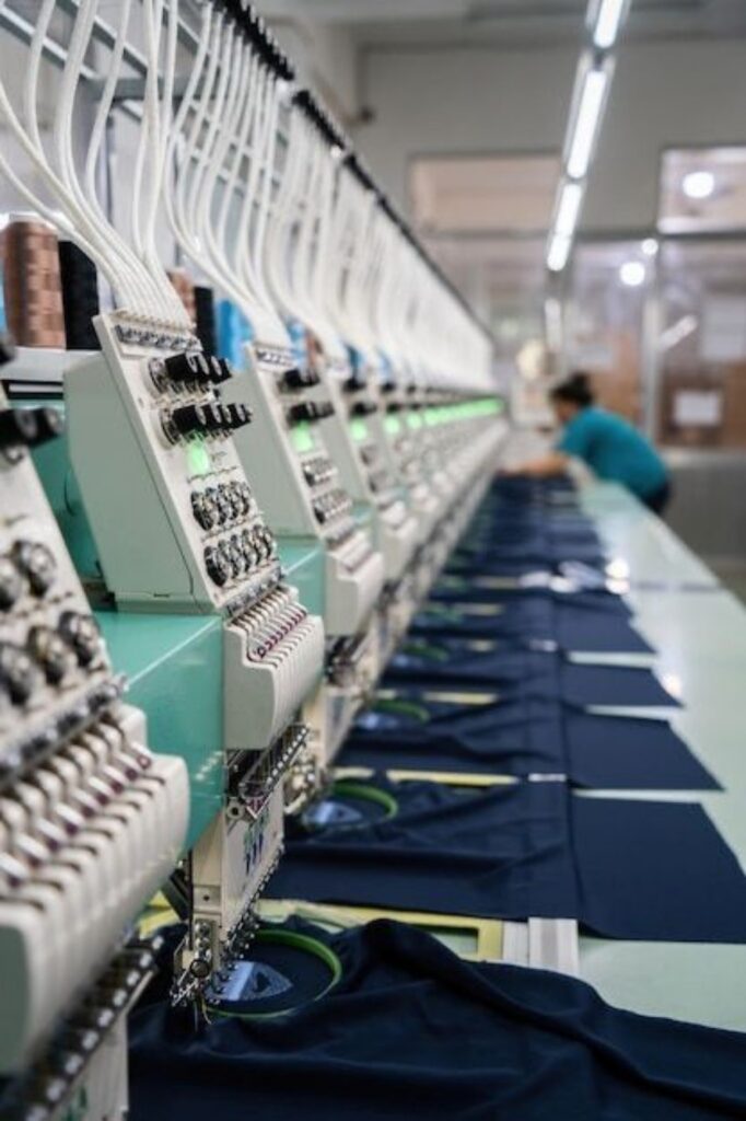 Multi-head embroidery production for custom logos and branding
