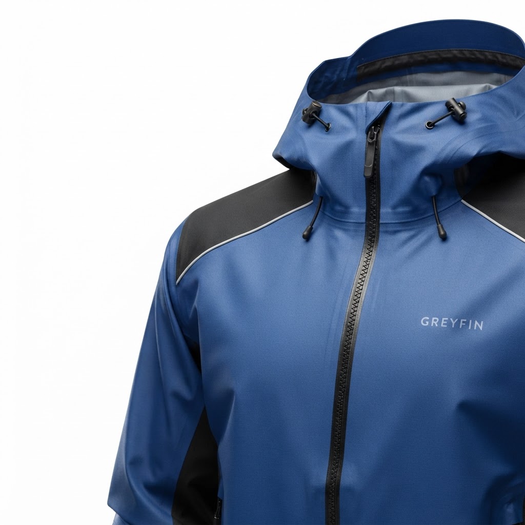 Waterproof rain jacket hood zipper seam and fabric detail – GF-RNJ-001