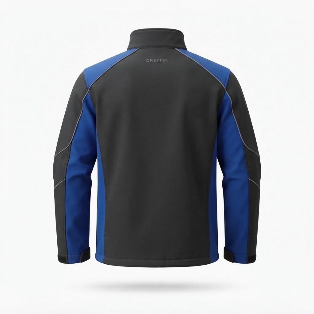 Custom 3-layer performance softshell jacket back view – GF-SFT-001