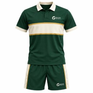 Custom Field Hockey Uniform GF-FH-001 – Dark green collared jersey with a cream chest band and green shorts