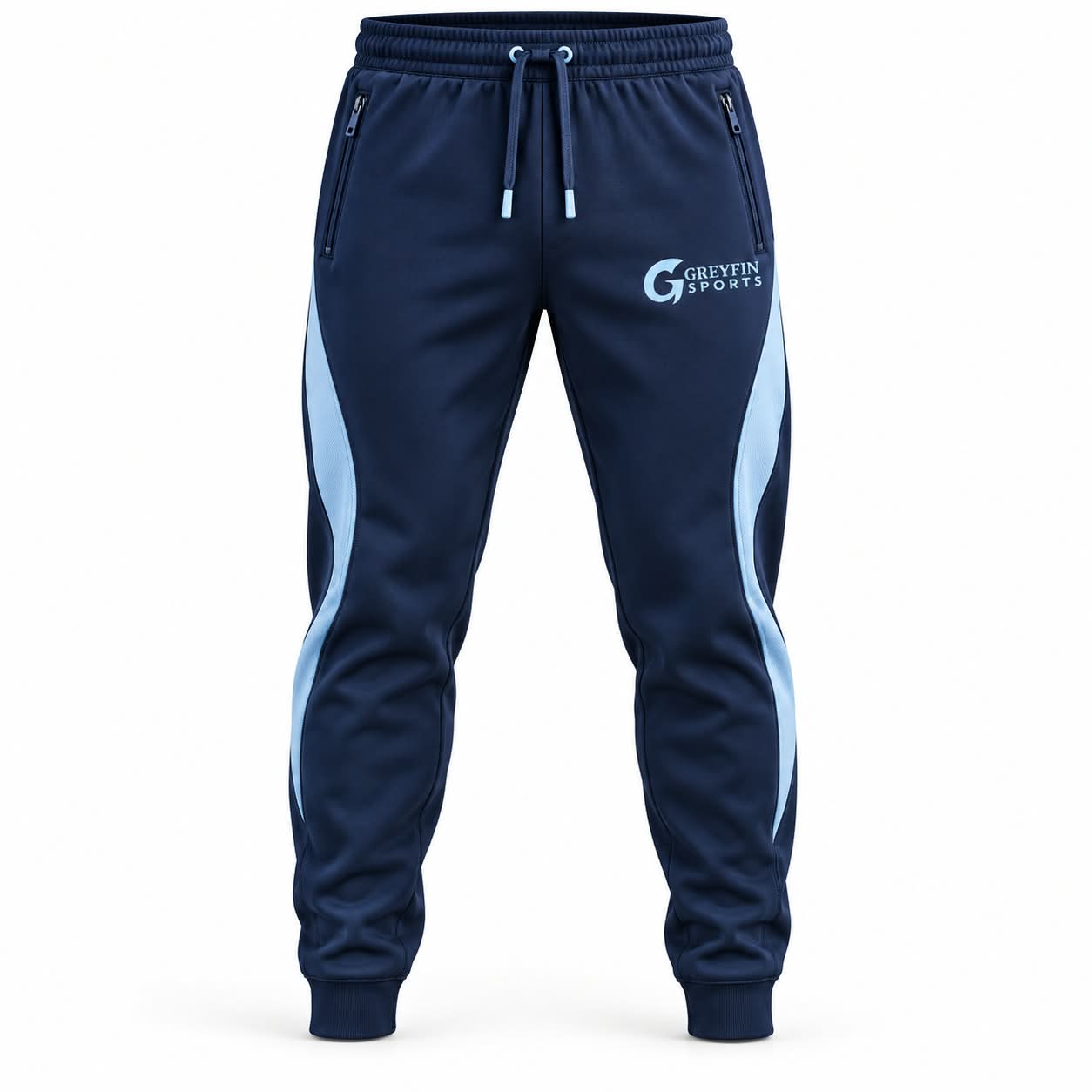 Custom Men’s Joggers GF-MJ-002 – Navy joggers with curved sky blue side accents and a drawcord waist