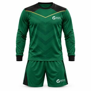 Custom Goalkeeper Uniform GF-GK-001 – Forest green long-sleeve top and shorts with tonal angular graphics