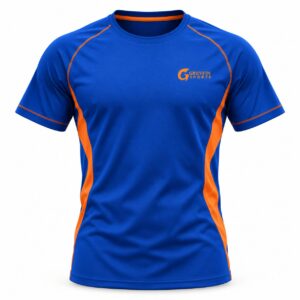 Custom Gym Shirt GF-GSH-001 – Royal blue shirt with orange side panels and contrast piping