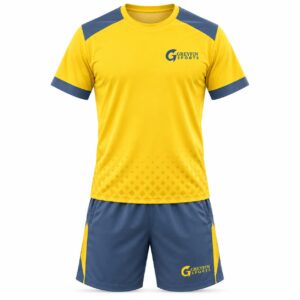 Custom Pickleball Uniform GF-PB-001 – Yellow shirt with slate shoulder panels and slate shorts
