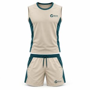 Custom Tennis Uniform GF-TN-002 – Cream sleeveless top and shorts with dark green edge trim