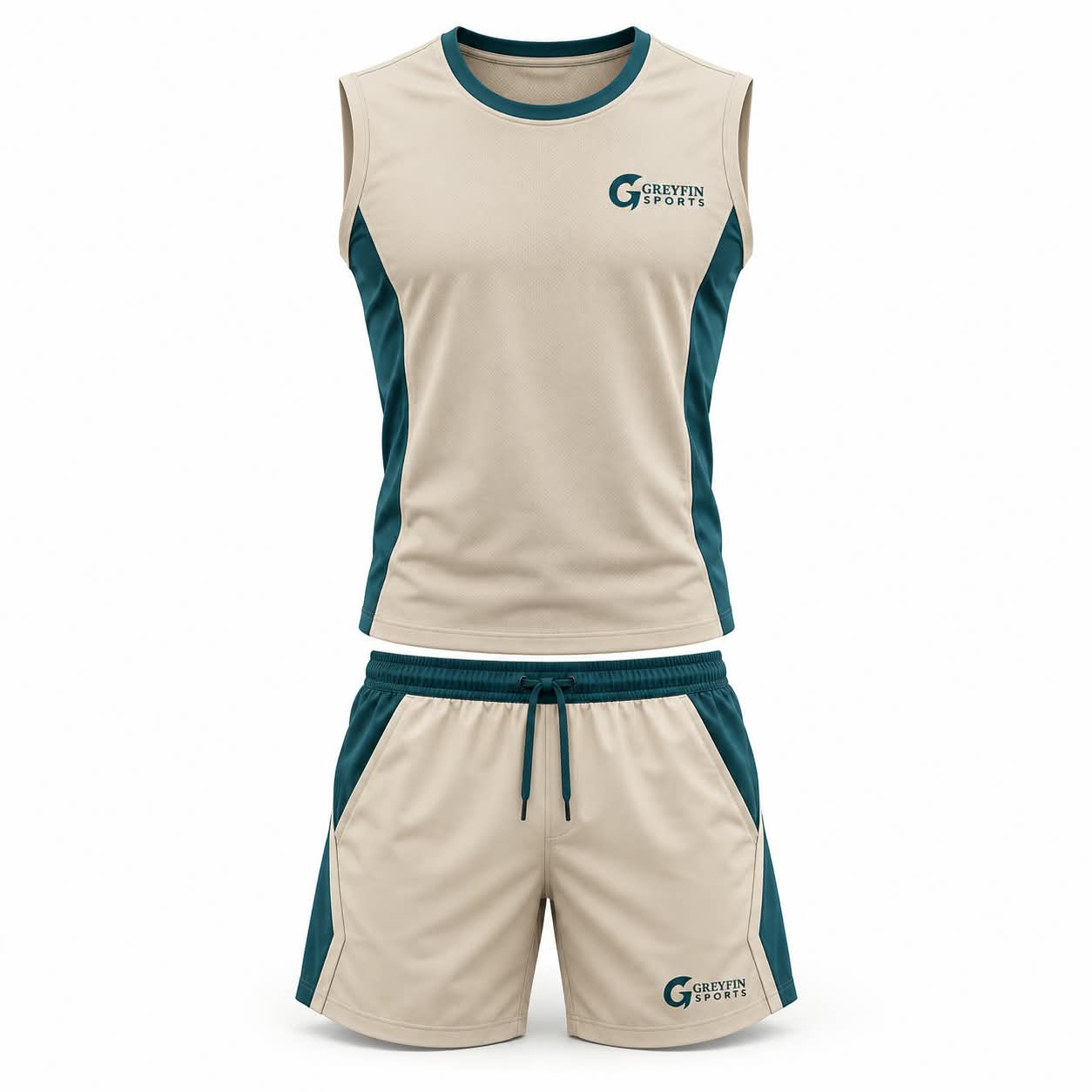 Custom Tennis Uniform GF-TN-002 – Cream sleeveless top and shorts with dark green edge trim