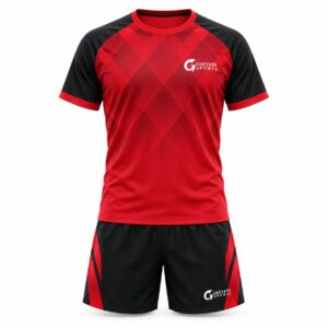 Custom Field Hockey Uniform GF-FH-004 – Red short-sleeve jersey with black shoulder panels and black shorts