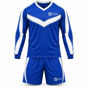 Custom Goalkeeper Uniform GF-GK-004 – Royal blue top with a white chest chevron and matching shorts