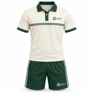 Custom Pickleball Uniform GF-PB-004 – Cream polo with green collar and chest stripe, paired with green shorts