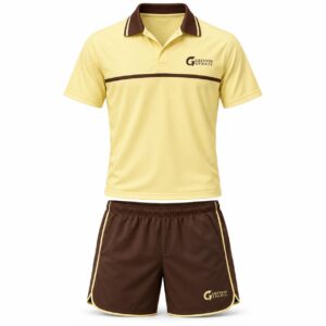 Custom Tennis Uniform GF-TN-004 – Pale yellow polo with brown trim and brown shorts