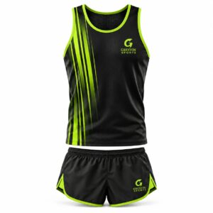 Custom Track and Field Uniform GF-TF-004 – Black singlet with lime vertical graphics and black shorts with lime edging