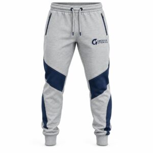 Custom Men’s Joggers GF-MJ-007 – Light grey joggers with navy knee panels and a drawcord waist