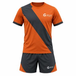 Custom Field Hockey Uniform GF-FH-005 – Orange jersey with a broad charcoal diagonal sash and charcoal shorts