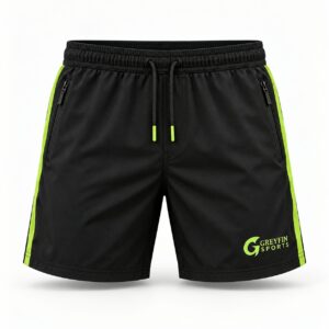 Custom Gym Shorts GF-GSO-007 – Black shorts with lime side accents and matching drawcord tips