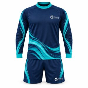 Custom Goalkeeper Uniform GF-GK-005 – Navy long-sleeve top and shorts with sweeping aqua graphics
