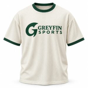 Custom Gym Shirt GF-GSH-009 – Cream short-sleeve shirt with green neck and sleeve trim and a chest print