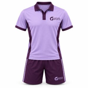 Custom Pickleball Uniform GF-PB-005 – Lilac polo with dark plum trim and plum shorts