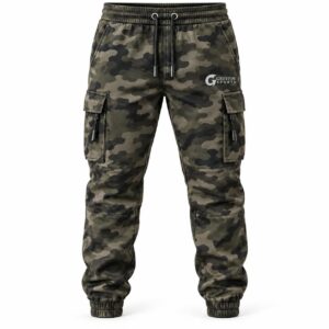 Custom Men’s Joggers GF-MJ-009 – Dark green and charcoal camouflage joggers with cargo pockets and gathered cuffs
