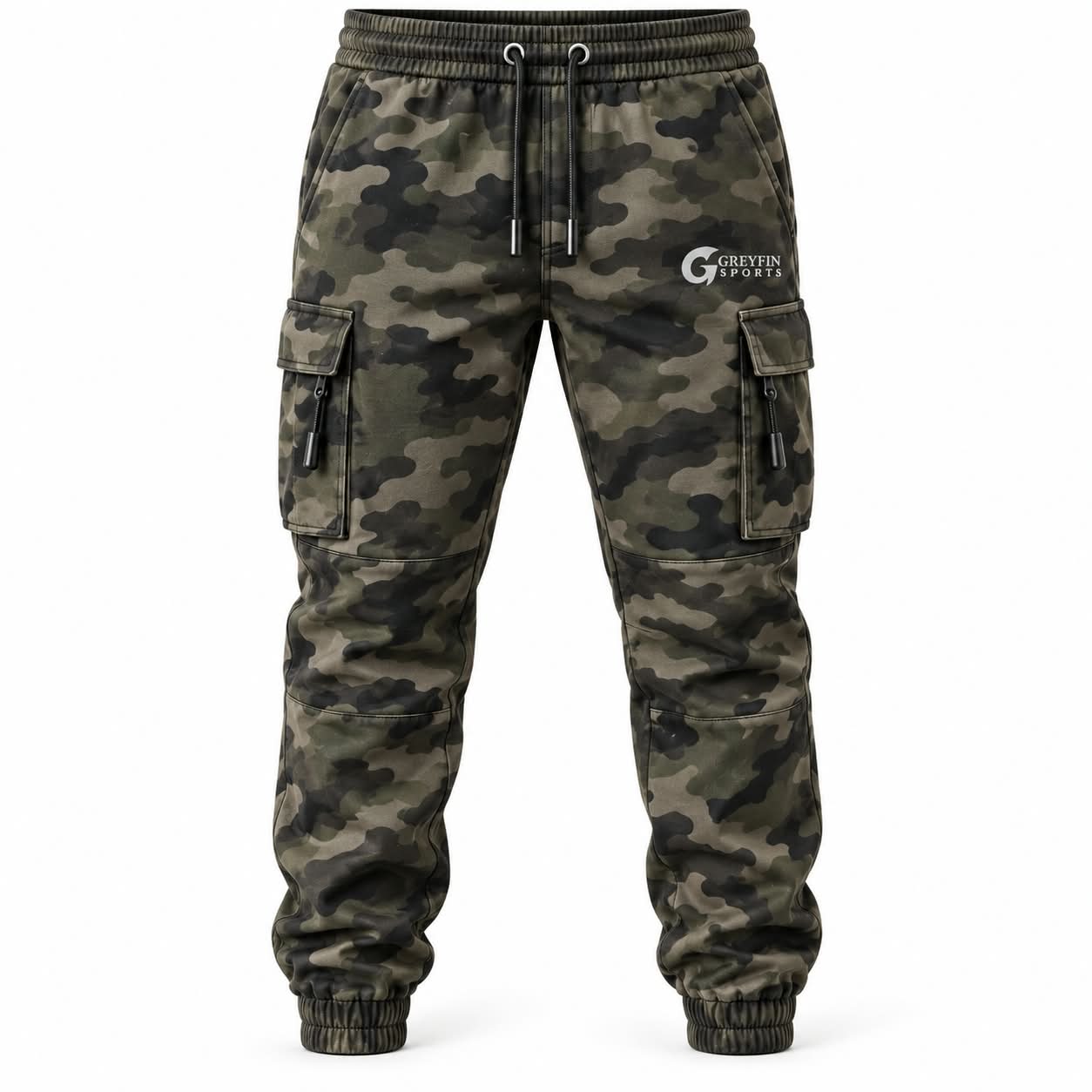 Custom Men’s Joggers GF-MJ-009 – Dark green and charcoal camouflage joggers with cargo pockets and gathered cuffs