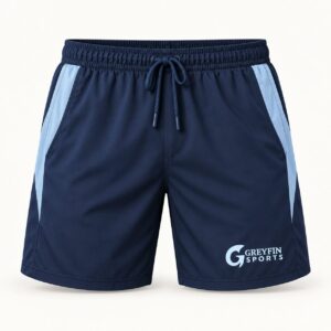 Custom Gym Shorts GF-GSO-008 – Navy shorts with pale blue side panels and a drawcord waist