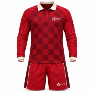Custom Goalkeeper Uniform GF-GK-006 – Red collared top with a tonal check pattern and matching red shorts