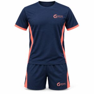 Custom Pickleball Uniform GF-PB-006 – Navy shirt and shorts with coral side and sleeve accents