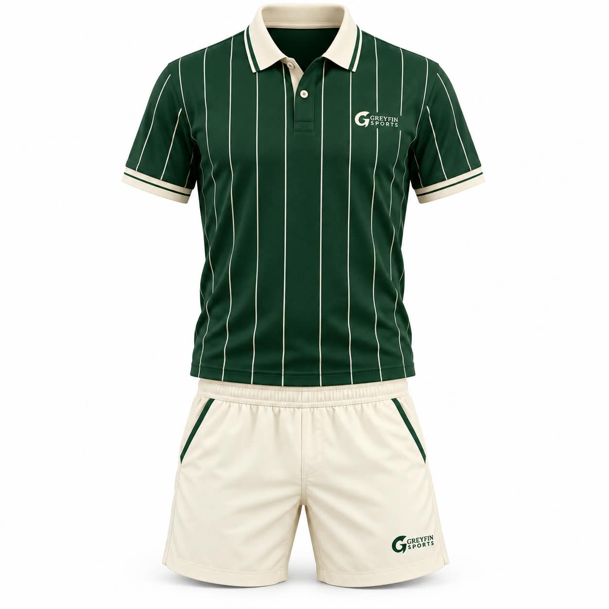 Custom Tennis Uniform GF-TN-006 – Green collared top with fine light pinstripes and cream shorts