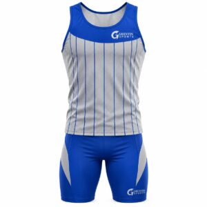 Custom Track and Field Uniform GF-TF-006 – Light grey singlet with blue vertical pinstripes and royal blue shorts
