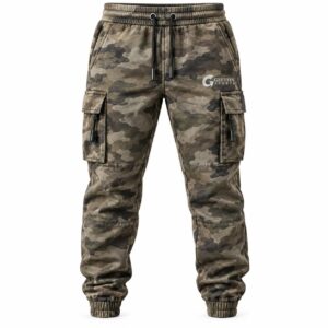 Custom Men’s Joggers GF-MJ-001 – Brown and green camouflage joggers with thigh cargo pockets