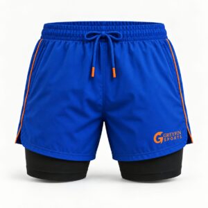 Custom Gym Shorts GF-GSO-009 – Royal blue outer shorts with a visible black underlayer and orange drawcord