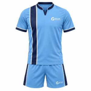 Custom Field Hockey Uniform GF-FH-007 – Sky blue jersey and shorts with a dark vertical side stripe
