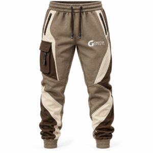 Custom Men’s Joggers GF-MJ-010 – Taupe joggers with thigh cargo pockets, a drawcord waist and gathered cuffs