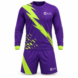 Custom Goalkeeper Uniform GF-GK-007 – Purple long-sleeve top and shorts with lime lightning-style graphics