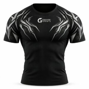 Custom Gym Shirt GF-GSH-010 – Black short-sleeve gym shirt with silver angular shoulder graphics