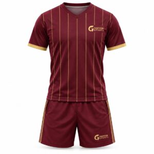 Custom Pickleball Uniform GF-PB-007 – Burgundy shirt and shorts with fine gold vertical stripes