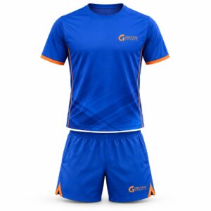 Custom Tennis Uniform GF-TN-007 – Royal blue short-sleeve top and shorts with orange sleeve trim