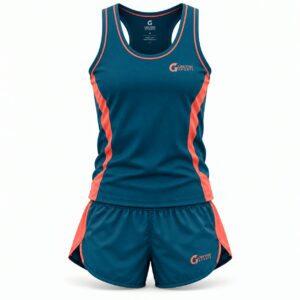 Custom Track and Field Uniform GF-TF-007 – Teal singlet and shorts with coral side accents