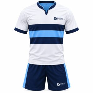 Custom Field Hockey Uniform GF-FH-008 – White jersey with blue and navy chest bands and navy shorts