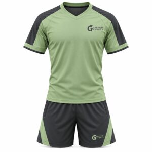 Custom Pickleball Uniform GF-PB-008 – Sage green shirt with charcoal shoulder panels and charcoal shorts