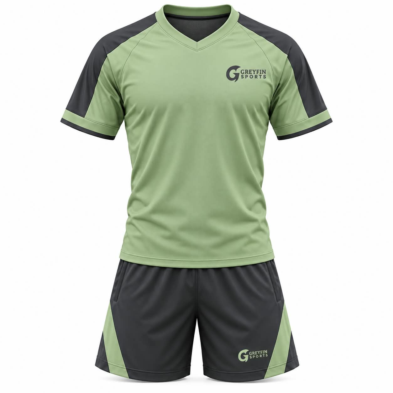 Custom Pickleball Uniform GF-PB-008 – Sage green shirt with charcoal shoulder panels and charcoal shorts