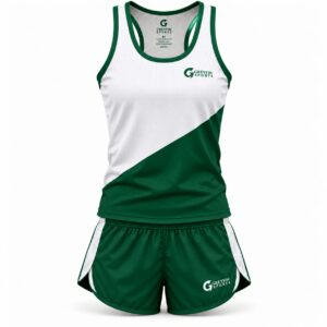 Custom Track and Field Uniform GF-TF-008 – White and green singlet with a diagonal panel and green shorts