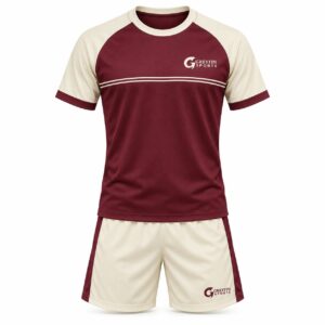Custom Field Hockey Uniform GF-FH-009 – Burgundy jersey with cream sleeves and a thin chest stripe, paired with cream shorts