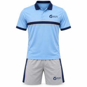 Custom Pickleball Uniform GF-PB-009 – Sky blue polo with a dark chest stripe and light grey shorts