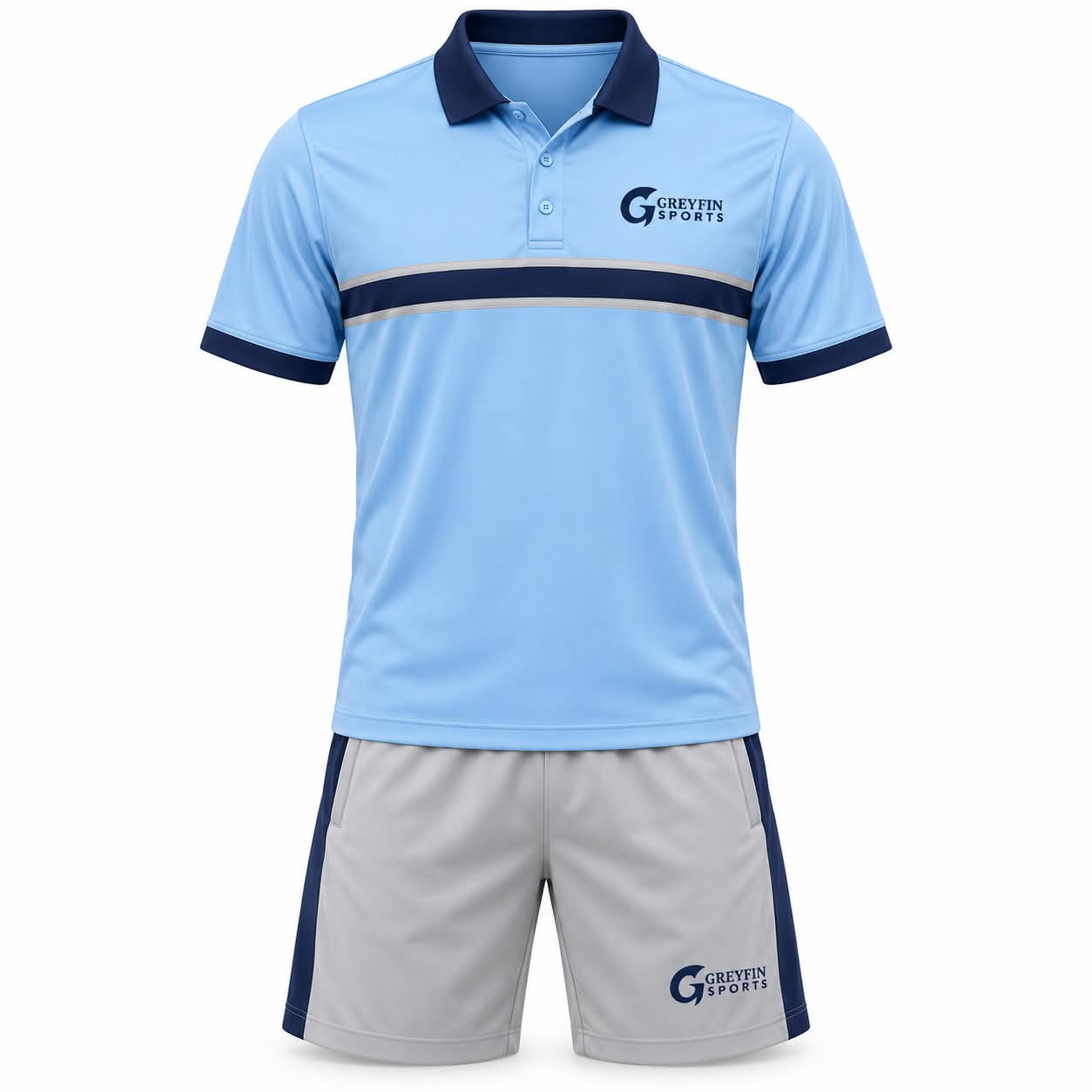 Custom Pickleball Uniform GF-PB-009 – Sky blue polo with a dark chest stripe and light grey shorts