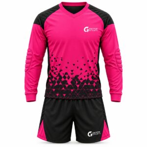 Custom Goalkeeper Uniform GF-GK-009 – Bright pink long-sleeve top with a black dotted fade and black shorts