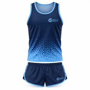 Custom Track and Field Uniform GF-TF-009 – Navy singlet fading into blue dotted graphics with navy shorts