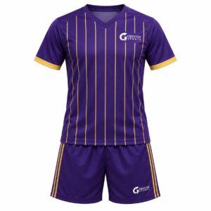 Custom Field Hockey Uniform GF-FH-010 – Purple short-sleeve jersey and shorts with fine gold vertical stripes
