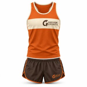 Custom Track and Field Uniform GF-TF-010 – Orange singlet with a cream chest band and brown running shorts
