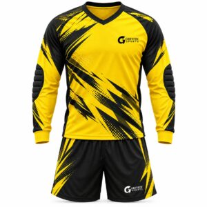Custom Goalkeeper Uniform GF-GK-010 – Yellow body with black angular graphics, long sleeves and black shorts